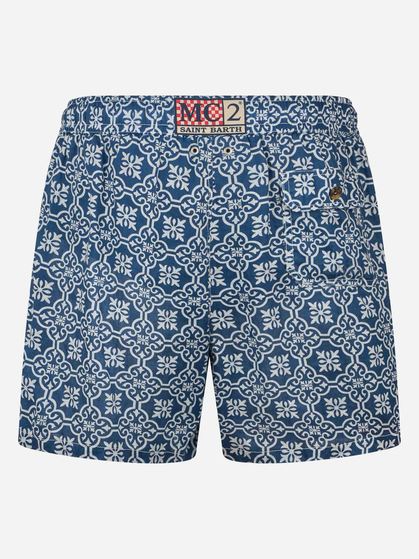 Man mid-length linen swim-shorts Gustavia with majolica print