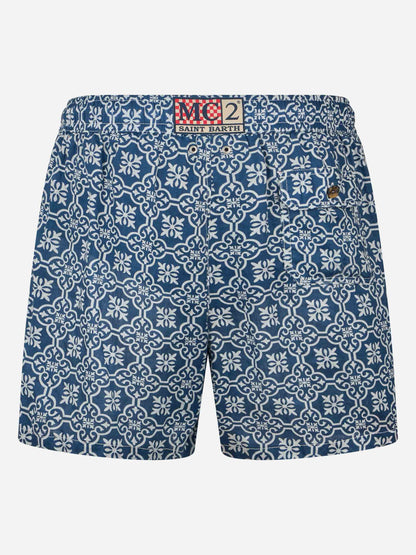 Man mid-length linen swim-shorts Gustavia with majolica print