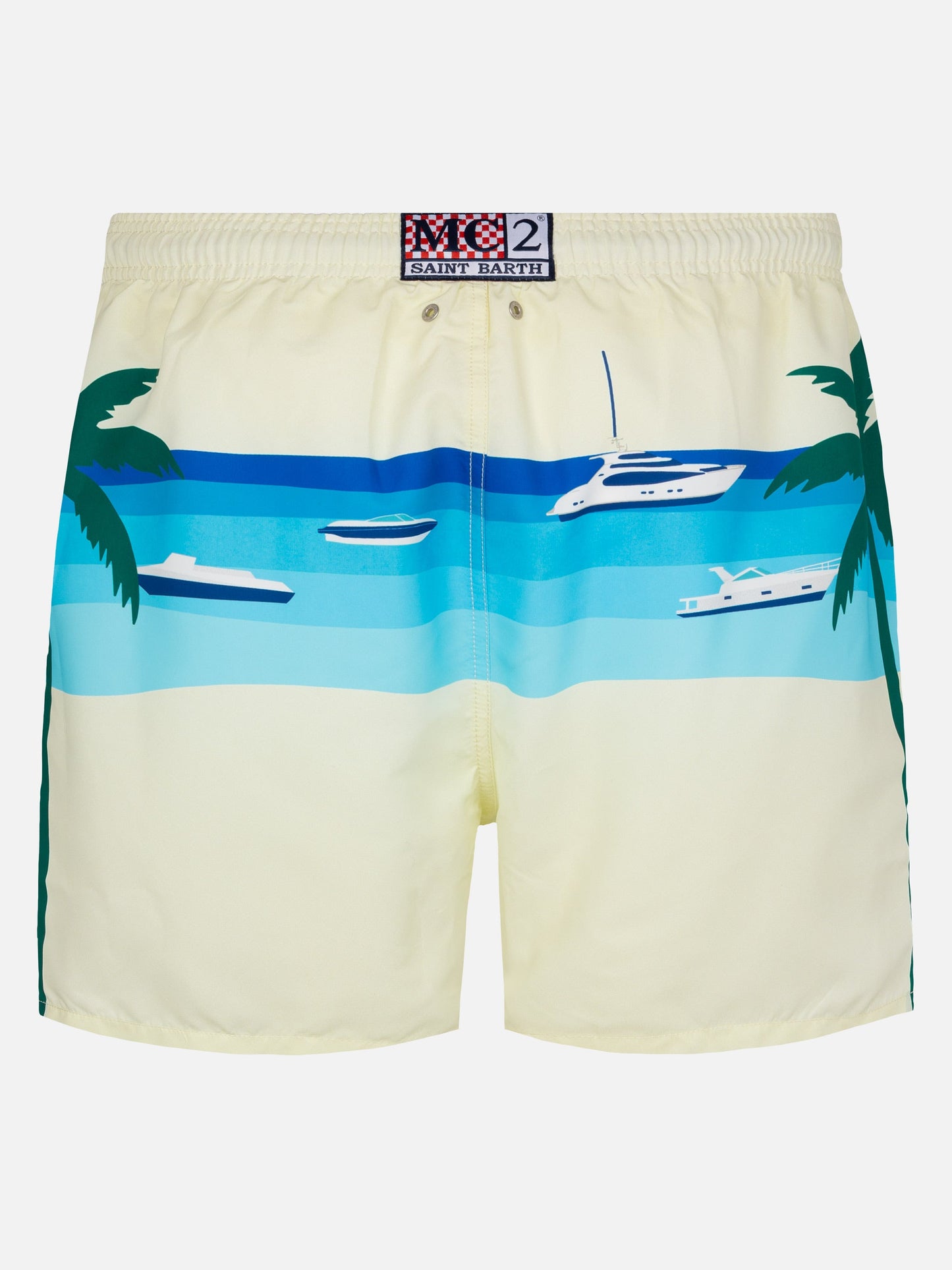Mid-length Gustavia swim-shorts with Formentera postcard placed print