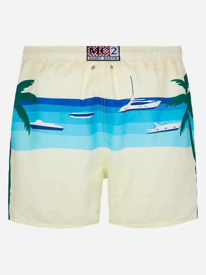 Mid-length Gustavia swim-shorts with Formentera postcard placed print
