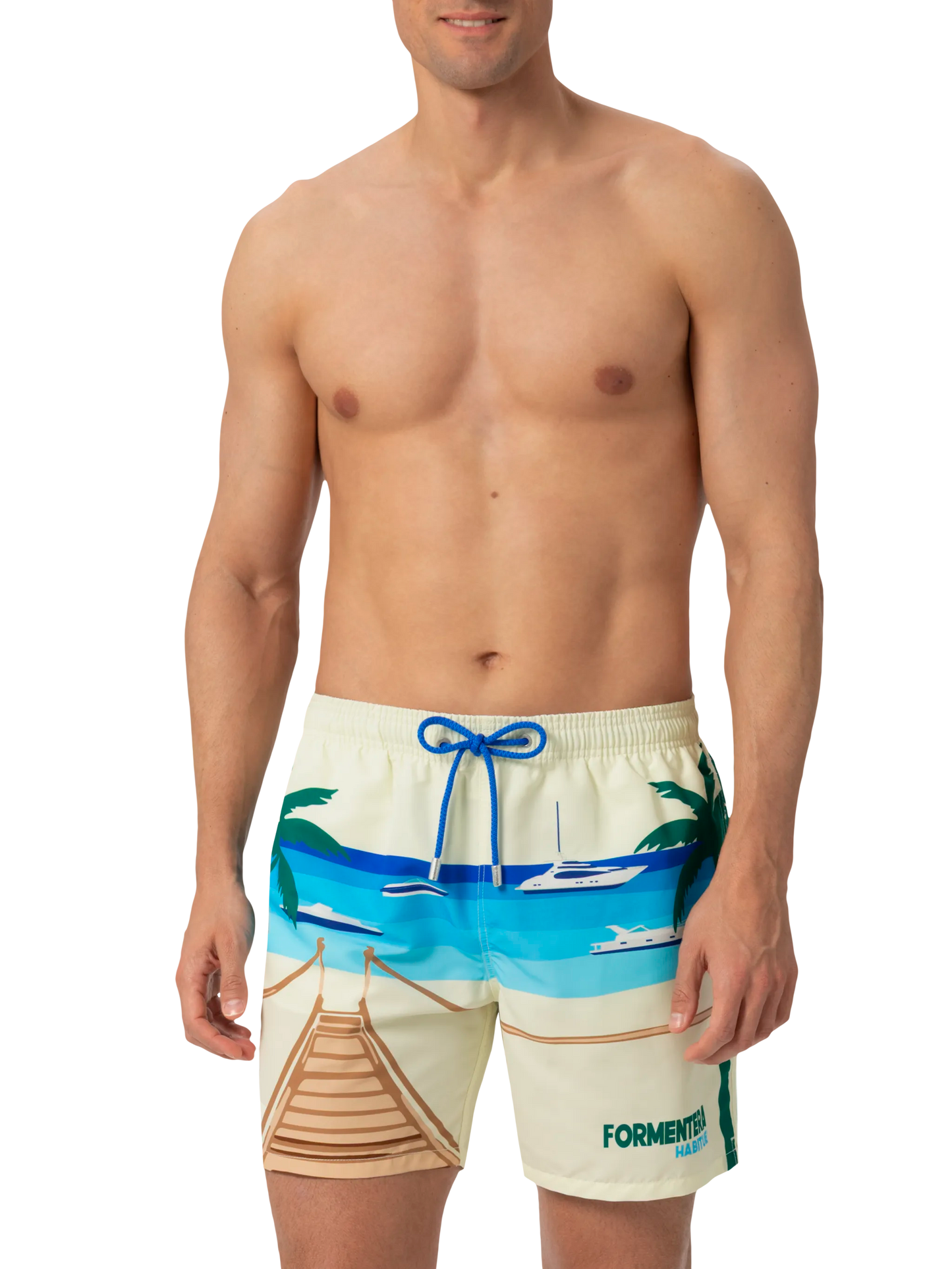 Mid-length Gustavia swim-shorts with Formentera postcard placed print