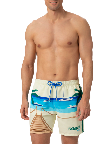 Mid-length Gustavia swim-shorts with Formentera postcard placed print