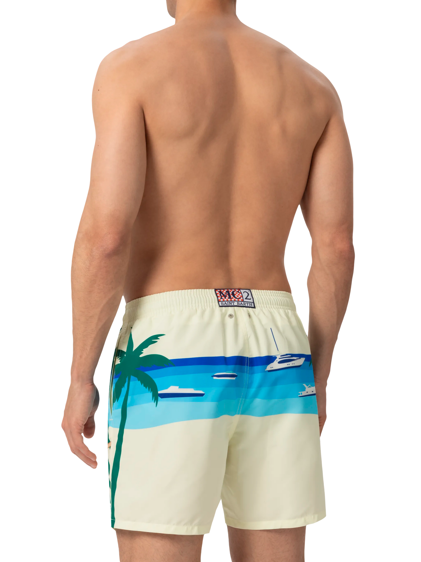 Mid-length Gustavia swim-shorts with Formentera postcard placed print