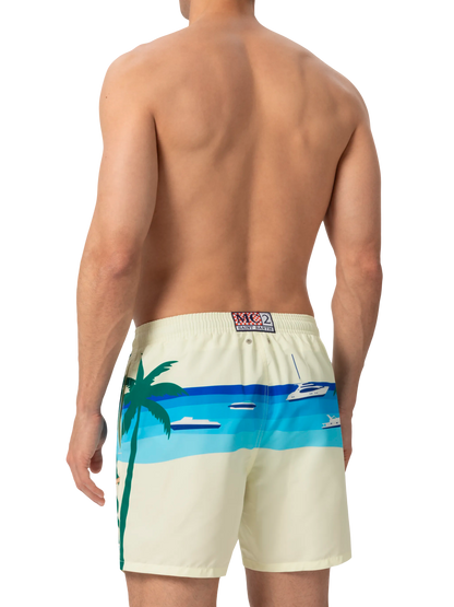 Mid-length Gustavia swim-shorts with Formentera postcard placed print