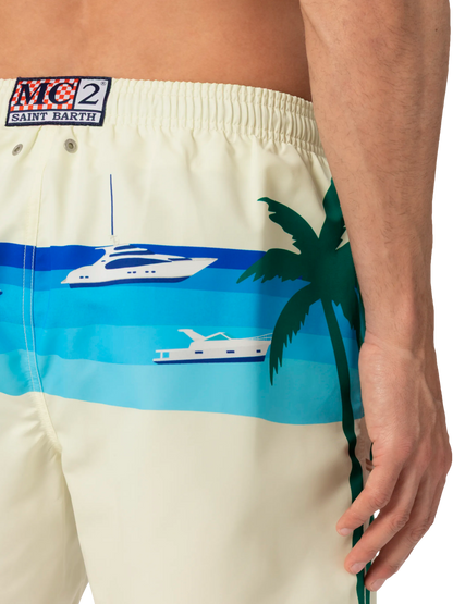 Mid-length Gustavia swim-shorts with Formentera postcard placed print