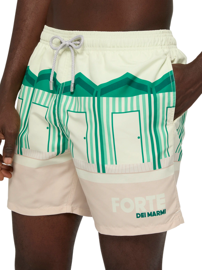 Mid-length Gustavia swim-shorts with Forte dei Marmi postcard placed print