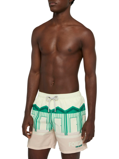 Mid-length Gustavia swim-shorts with Forte dei Marmi postcard placed print