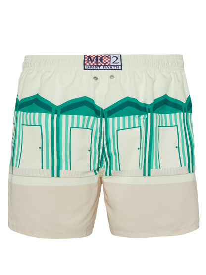Mid-length Gustavia swim-shorts with Forte dei Marmi postcard placed print