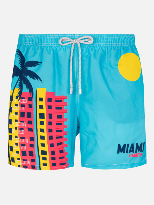 Mid-length Gustavia swim-shorts with Miami postcard placed print