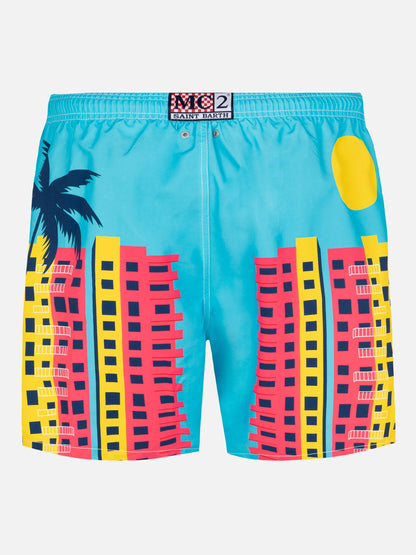 Mid-length Gustavia swim-shorts with Miami postcard placed print