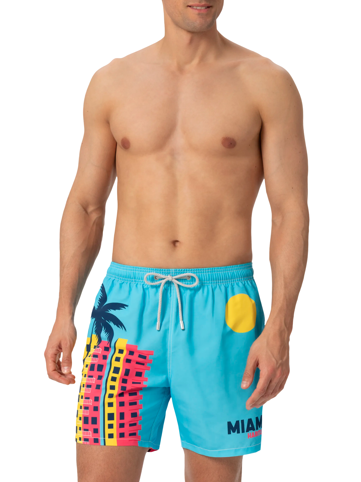 Mid-length Gustavia swim-shorts with Miami postcard placed print