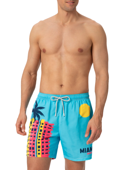 Mid-length Gustavia swim-shorts with Miami postcard placed print