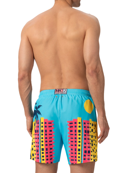 Mid-length Gustavia swim-shorts with Miami postcard placed print