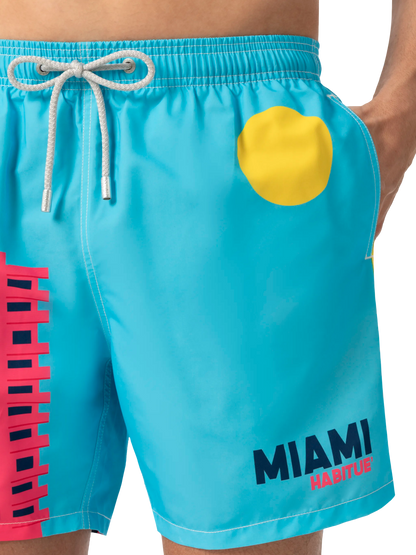 Mid-length Gustavia swim-shorts with Miami postcard placed print
