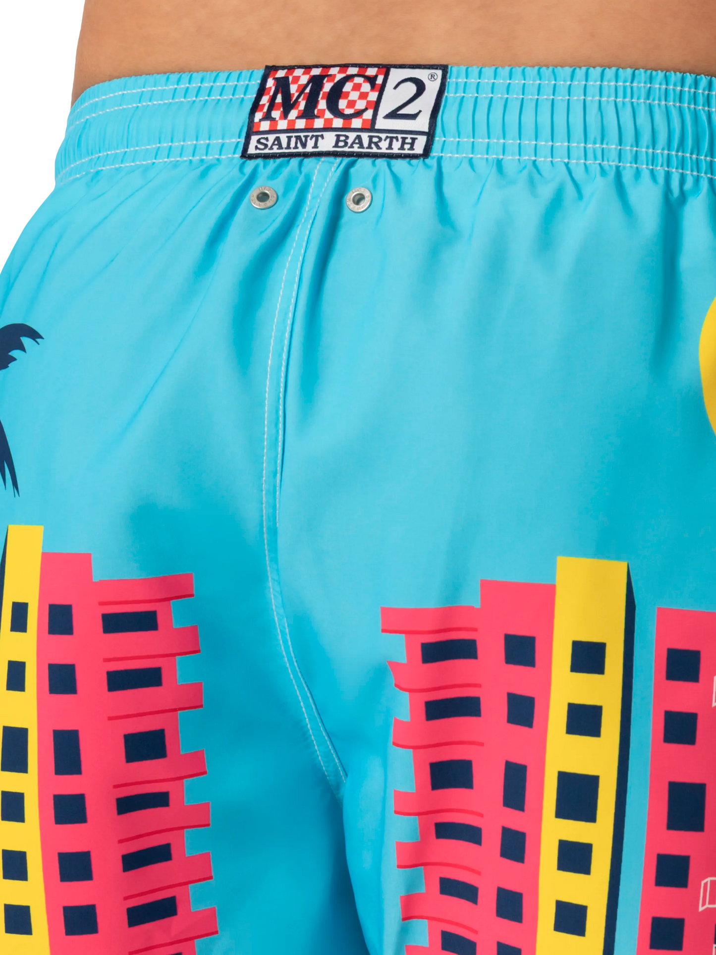 Mid-length Gustavia swim-shorts with Miami postcard placed print