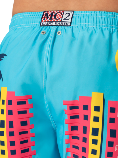 Mid-length Gustavia swim-shorts with Miami postcard placed print