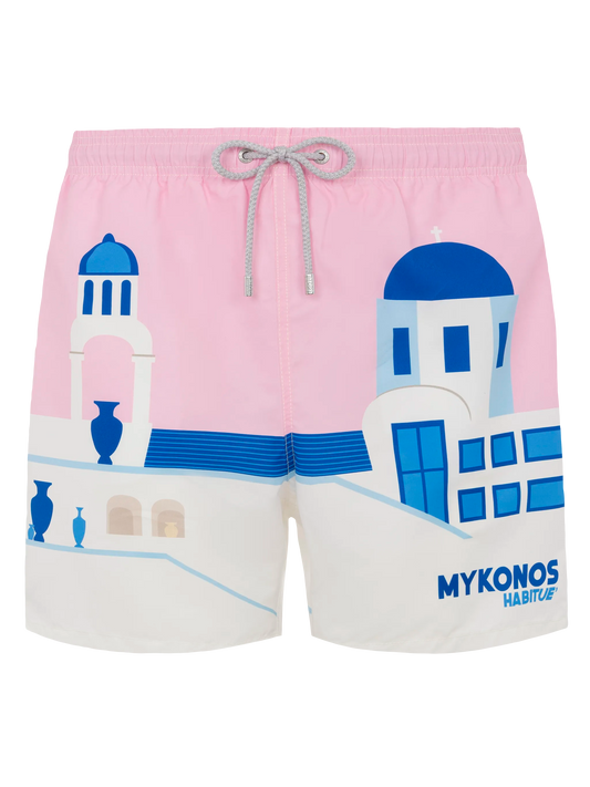 Mid-length Gustavia swim-shorts with Mykonos postcard placed print