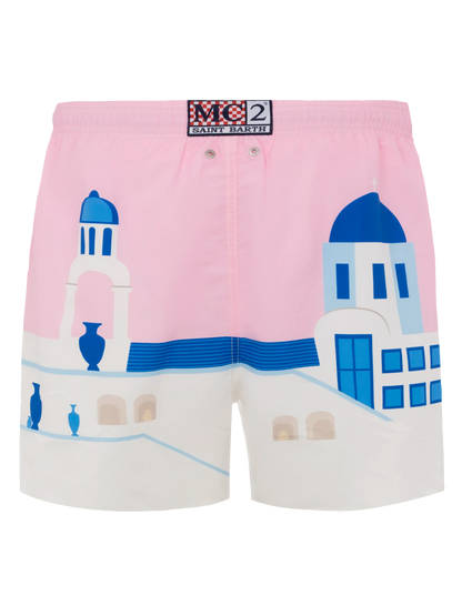 Mid-length Gustavia swim-shorts with Mykonos postcard placed print