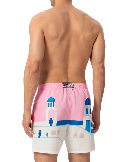 Mid-length Gustavia swim-shorts with Mykonos postcard placed print