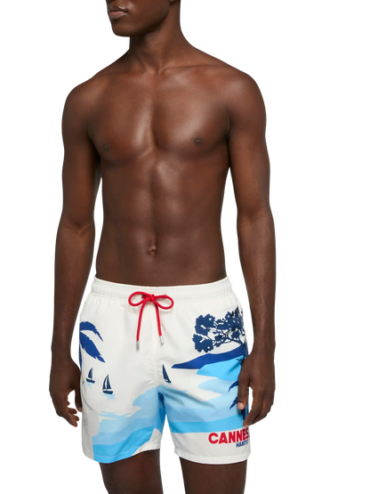 Mid-length Gustavia swim-shorts with Cannes postcard placed print