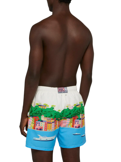 Mid-length Gustavia swim-shorts with Portofino postcard placed print