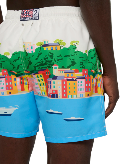 Mid-length Gustavia swim-shorts with Portofino postcard placed print