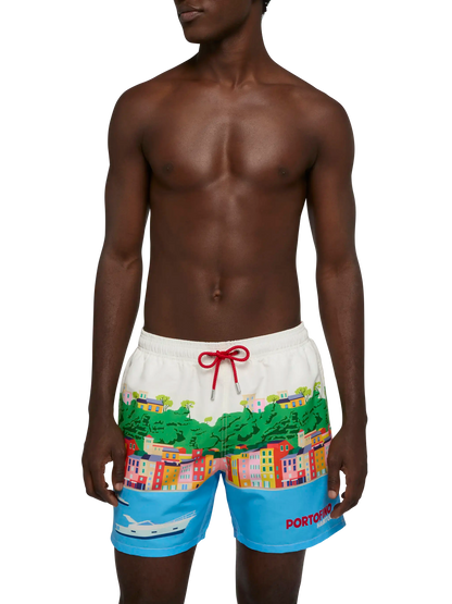 Mid-length Gustavia swim-shorts with Portofino postcard placed print