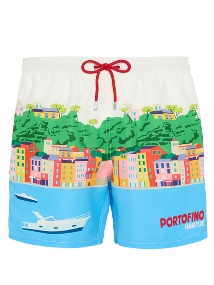 Mid-length Gustavia swim-shorts with Portofino postcard placed print