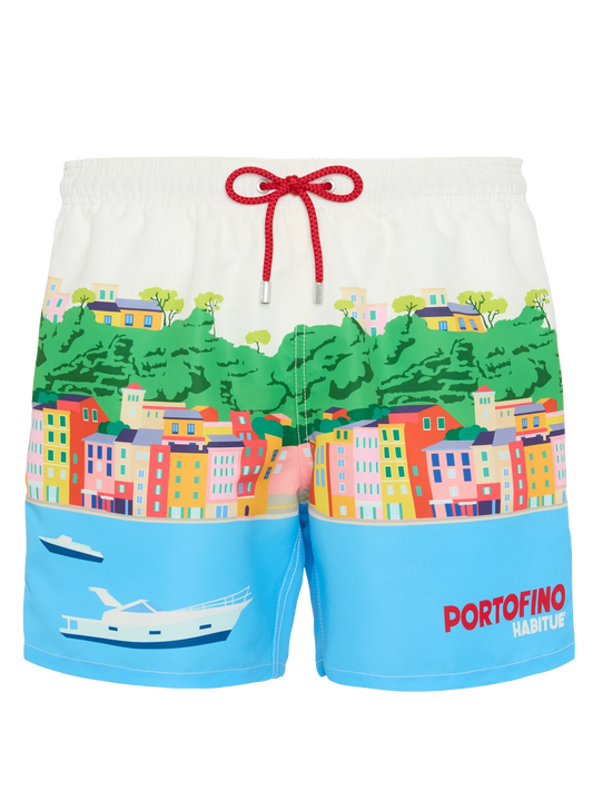 Mid-length Gustavia swim-shorts with Portofino postcard placed print