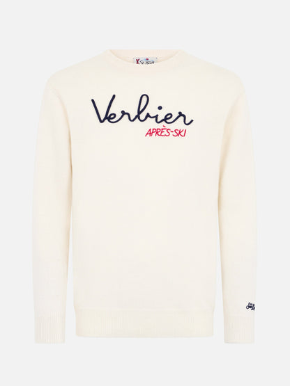 Man white sweater Heron with Verbier apres ski embroidery