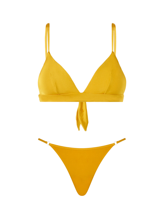 Woman ochre yellow triangle bikini Lucile Jodene