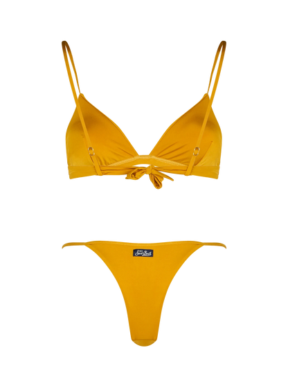 Woman ochre yellow triangle bikini Lucile Jodene
