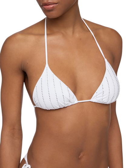 White classic triangle bikini Leah Marielle with striped rhinestone embellishment