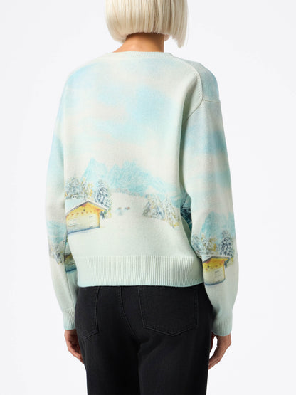 Woman cashmere blend sweater Louise with chalet print and Queen of Chalet embroidery