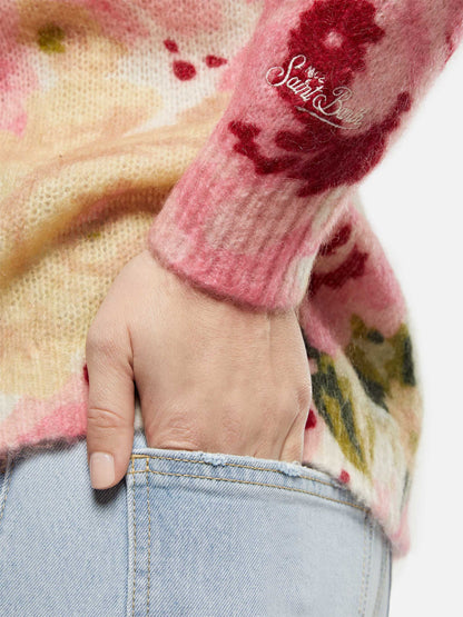 Woman mohair sweater Louise with peony print