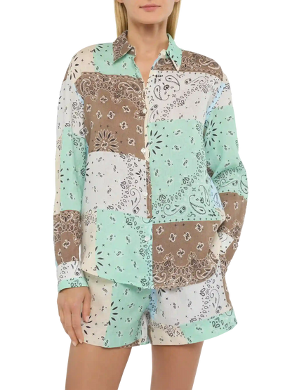 Meredith linen classic shirt with bandanna patch print