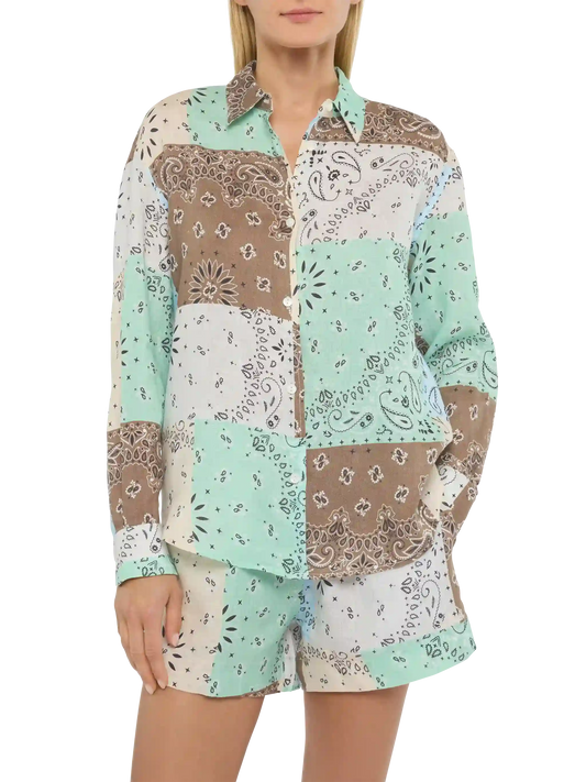 Meredith linen classic shirt with bandanna patch print