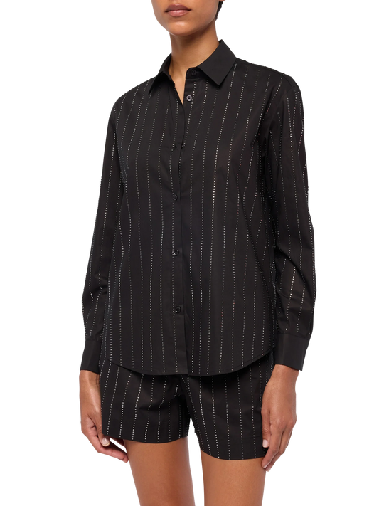 Meredith cotton popeline classic shirt with striped rhinestone embellishment