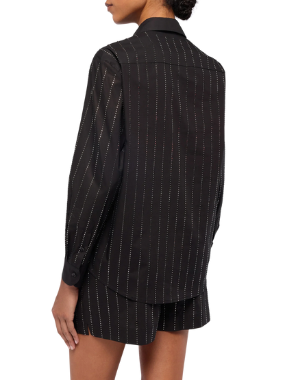Meredith cotton popeline classic shirt with striped rhinestone embellishment