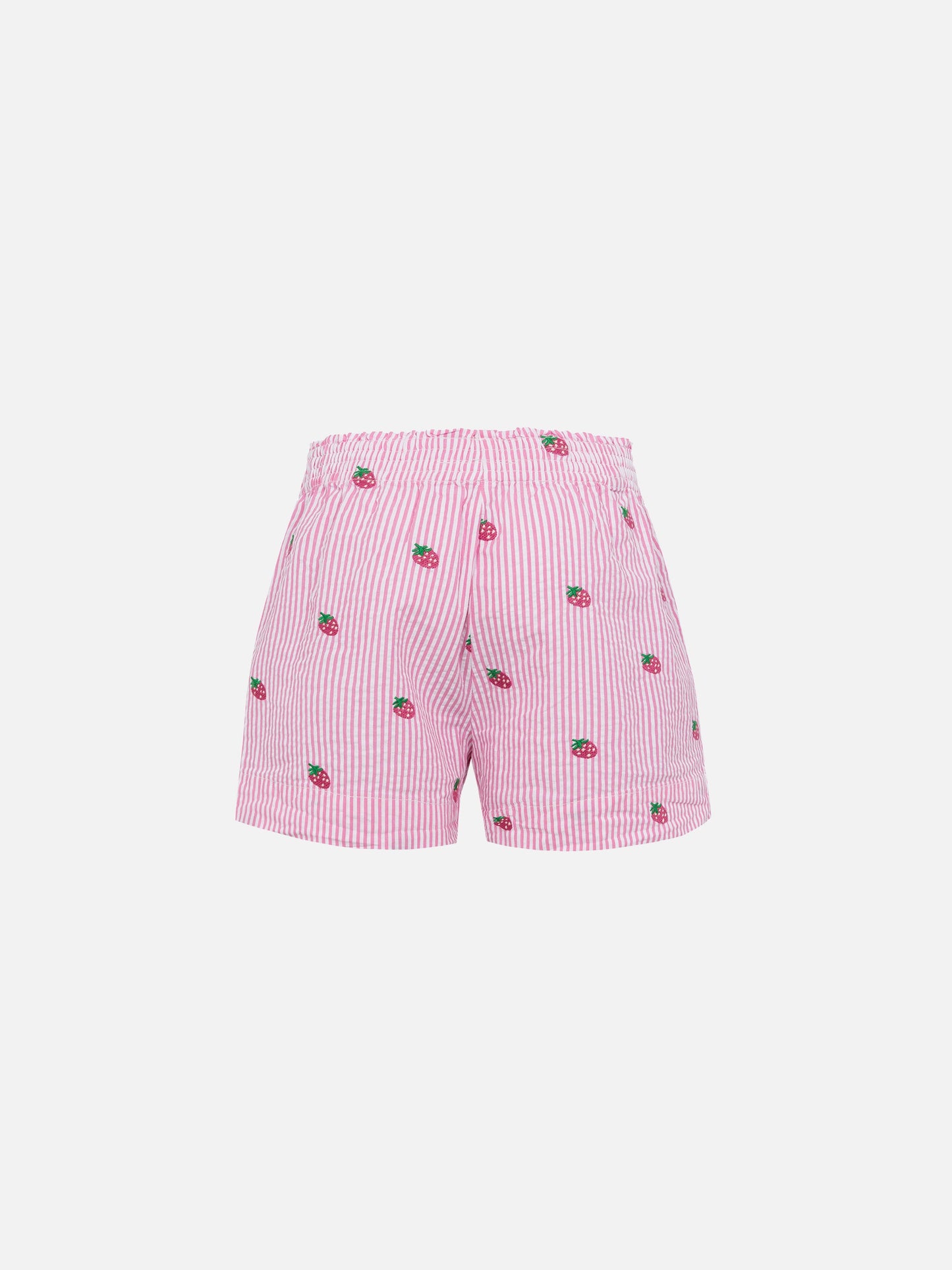 Meave Jr cotton seersucker pull-up shorts with srtrawberry embroidery