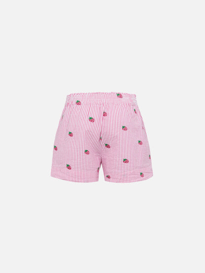 Meave Jr cotton seersucker pull-up shorts with srtrawberry embroidery