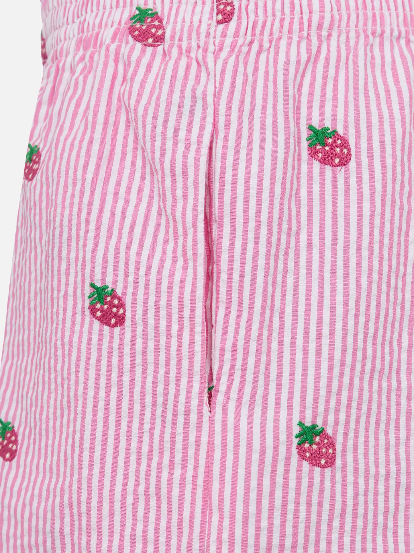 Meave Jr cotton seersucker pull-up shorts with srtrawberry embroidery