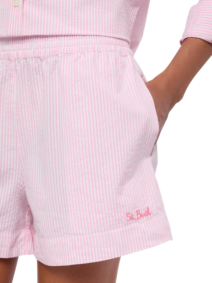 Meave seersucker cotton pull-up shorts with pink striped print