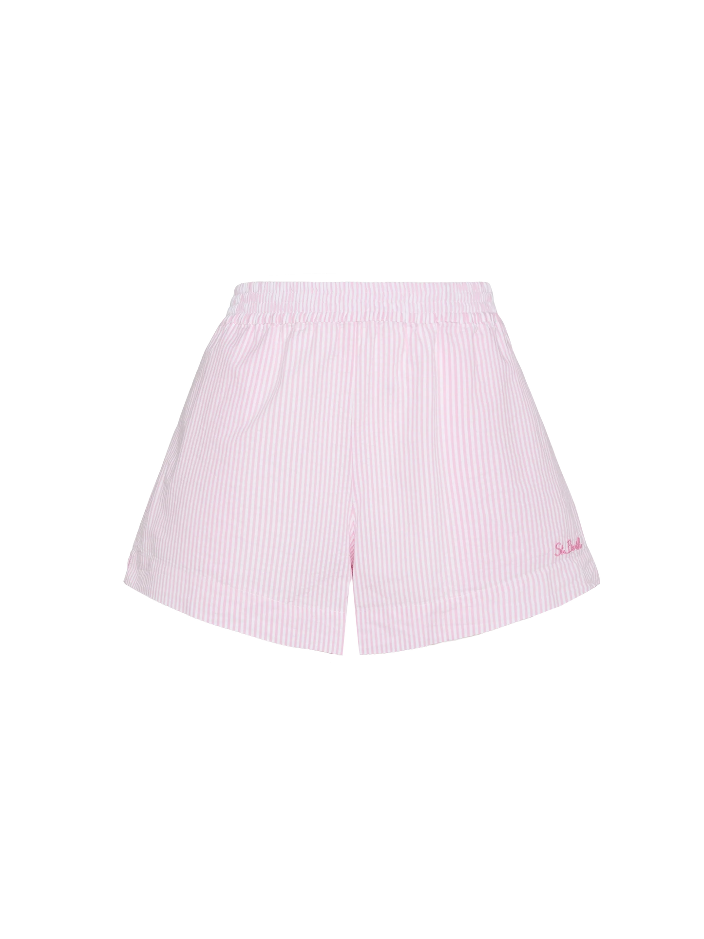 Meave seersucker cotton pull-up shorts with pink striped print