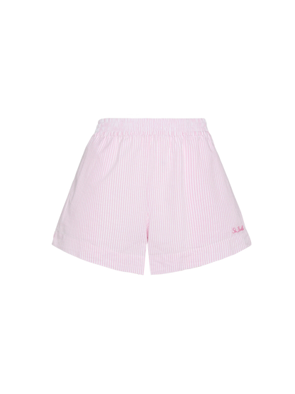 Meave seersucker cotton pull-up shorts with pink striped print