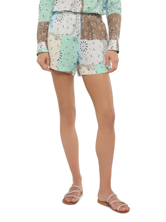 Meave linen pull up shorts with bandanna patch print