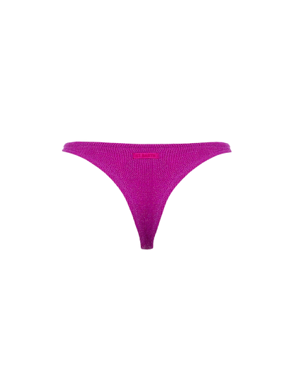 Woman fuchsia lurex crinkle cheeky swim briefs Naomi