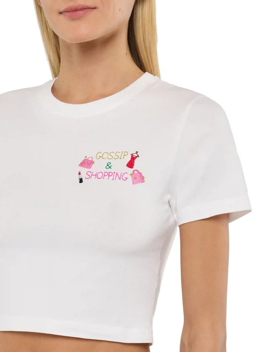 Nives cotton t-shirt with Gossip $ Shopping embroidery