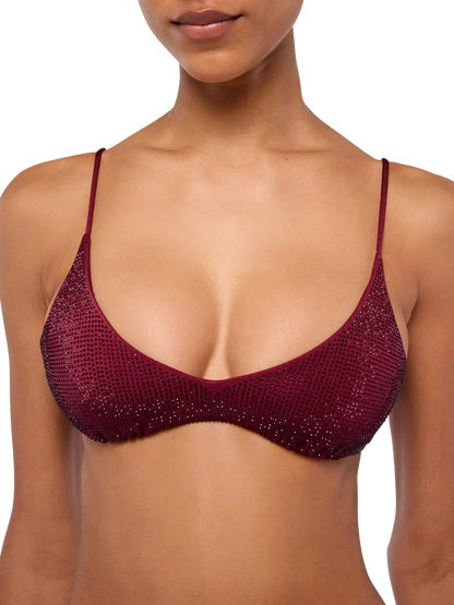 Virgo burgundy classic swim briefs with rhinestone embellishment                                                       - Paloma burgundy scoop bralette with rhinestone embellishment