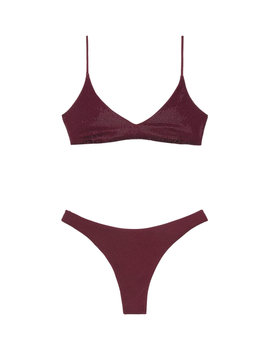 Naomi burgundy cheeky swim briefs with rhinestone embellishment - Paloma burgundy scoop bralette with rhinestone embellishment